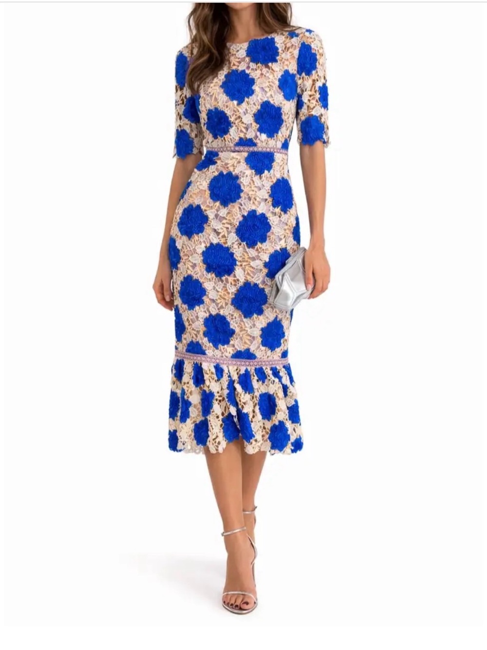 Milano Royal Blue Floral Lace Midi Dress NWOT - size S, L